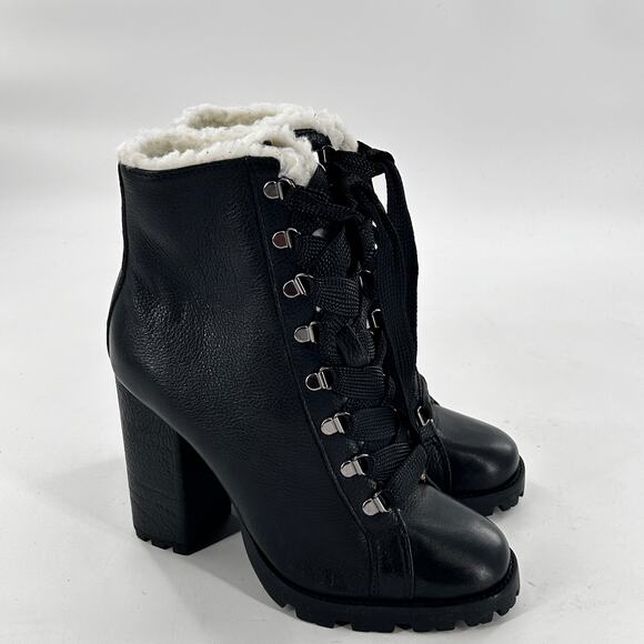 Schutz Zhara Lace Combat Boots 5 Black NWOT Sherpa Shearling Ankle Bootie Zara - Picture 2 of 8